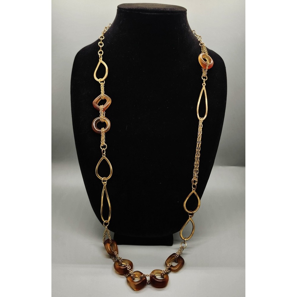Chico's Long Statement Necklace 32-36" Adjustable Gold Tone Amber Resin
